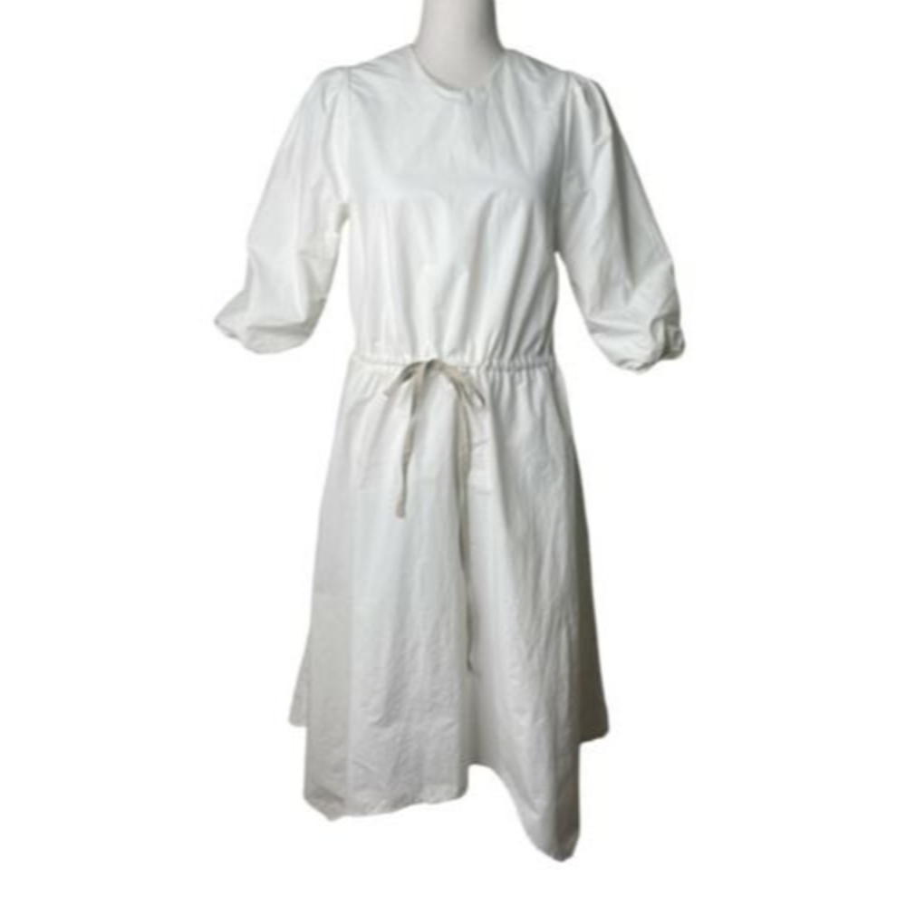 Udel NY Dress Size XS White Midi Puff Sleeves Drawstring Waist Nylon Cotton a17